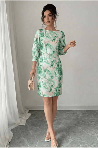 ESPİNA Women's Boat Neck Floral Print Three Quarter Balloon Sleeve Midi Dress