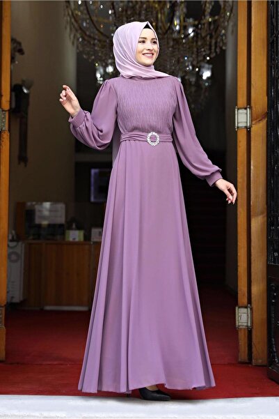 TRENDTESETTÜR KADIN PEMBE (GÜL) GİGOT KOLLU DRAPELİ KUŞAKLI ABİYE ELBİSE 4153