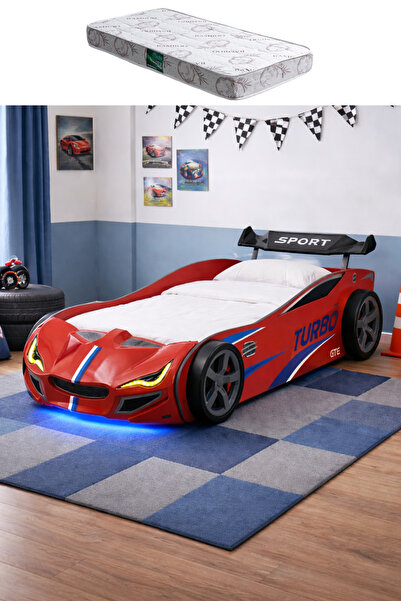 Setay Arabalı Yatak, Turbo GTI Rüzgarlıklı Ledli Arabalı Çocuk Yatağı - Kırmı...
