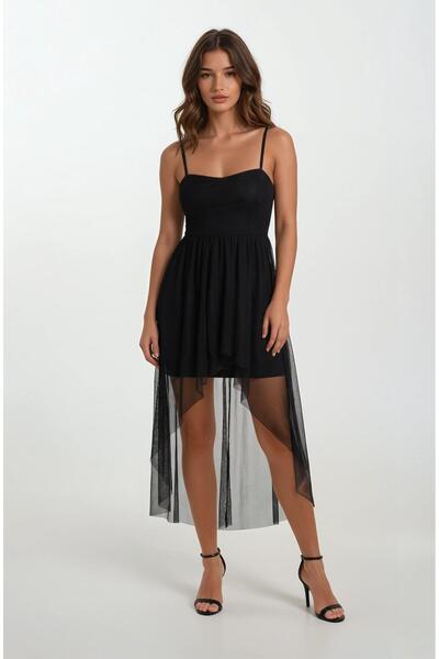 Spazio Darianna Kalp Yaka Askılı Önü Kısa Arkası Uzun Kısa Abiye Elbise SİYAH