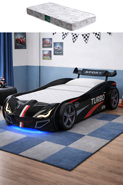 Setay Arabalı Yatak, Turbo GTI Rüzgarlıklı Ledli Arabalı Çocuk Yatağı - Siyah...