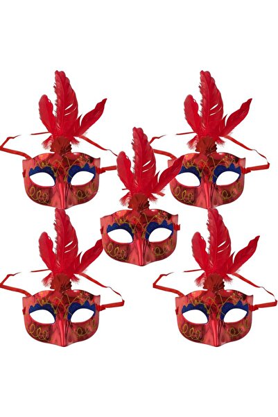 partidolu Kırmızı Renk Tüylü Simli Plastik Parti Maskesi 5 Adet yılbaşı
