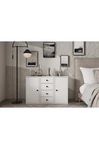 Nettrends Iki Kapaklı Dört Çekmeceli Raflı Beyaz Şifonyer Çıtasız Şfn-1062-ç