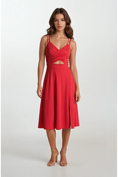 Spazio Cavallin Kruvaze Askılı Kısa Abiye Elbise KIRMIZI