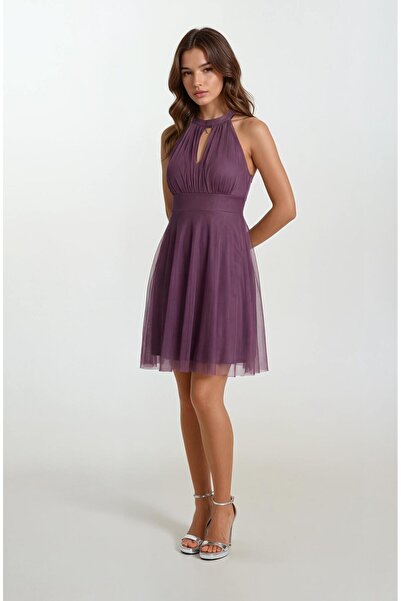 Spazio Narcisio Damla Yaka Kloş Kısa Abiye Elbise LİLA