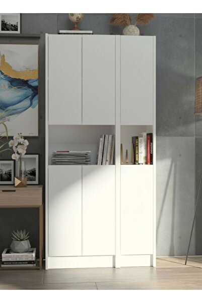 YETİ MOBİLYA Flat85 Kitaplık 6 Kapaklı Kütüphane Çok Amaçlı Dolap Beyaz