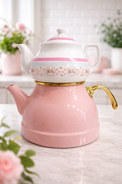 HOMEDEFNE Gold Desenli Porselen Üst Emaye Alt İkili Demlik Takımı