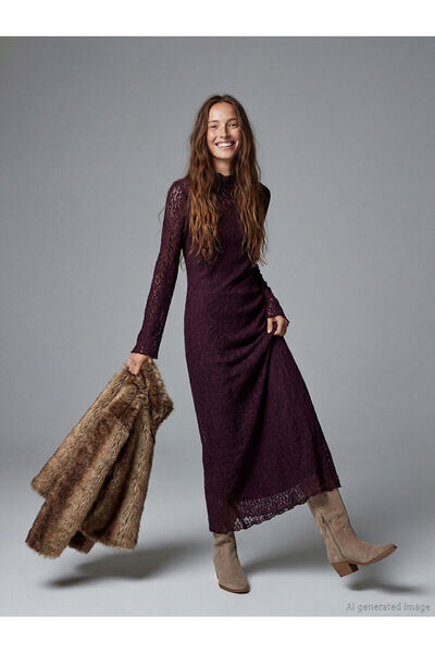 LC Waikiki Burgundy Mock Neck Ruched Bodycon Dress