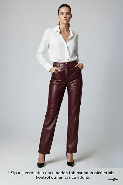 Deriderim Bordo Lora Yüksek Bel Düz Paça Kadın Hakiki Deri Pantolon