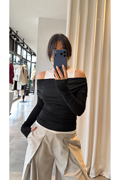 My Blog Crna bluza sa lađastim izrezom i potkošuljom - 0780