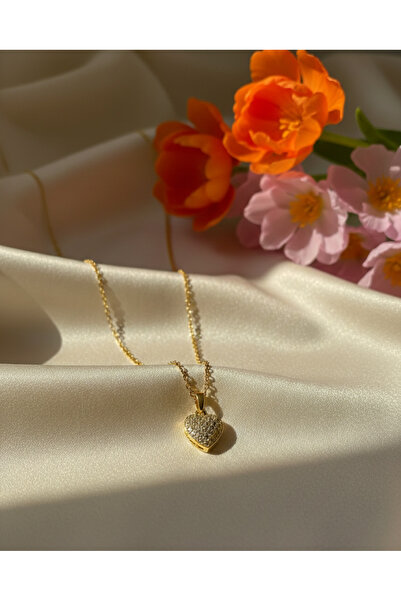 CherryPop Takı Taşlı Kalp Gold Kararmaz Çelik Kolye - Sevgiliye Hediye