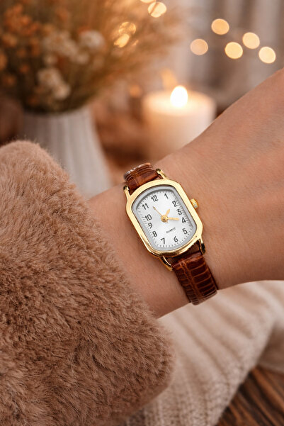 Sobce Retro Minimal Şık Deri Kahve Kordon Kadın Kol Saati