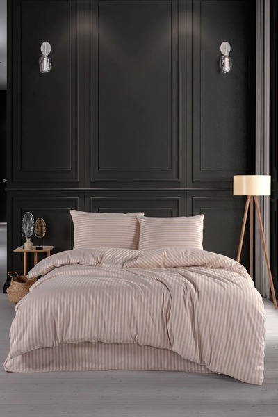 Home Çift Kişilik Çizgili Saten Nevresim Takımı Kahve