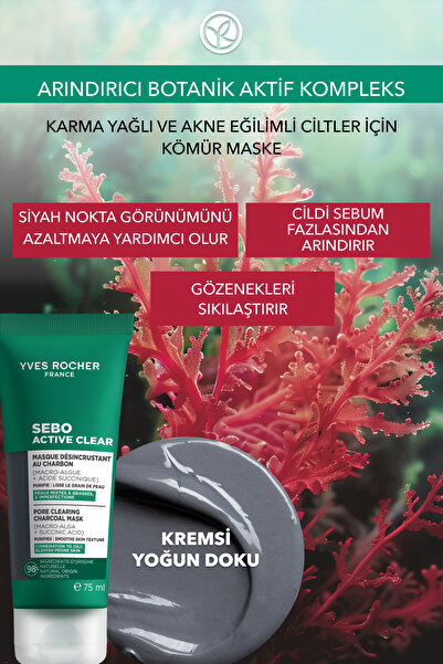 Yves Rocher Arındırıcı Siyah Nokta Karşıtı Kömür Maske-Süksinik Asit-Sebo Active Clear Botanik Kompleks-75ml