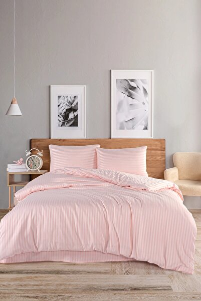 Home Çift Kişilik Çizgili Saten Nevresim Takımı Pudra