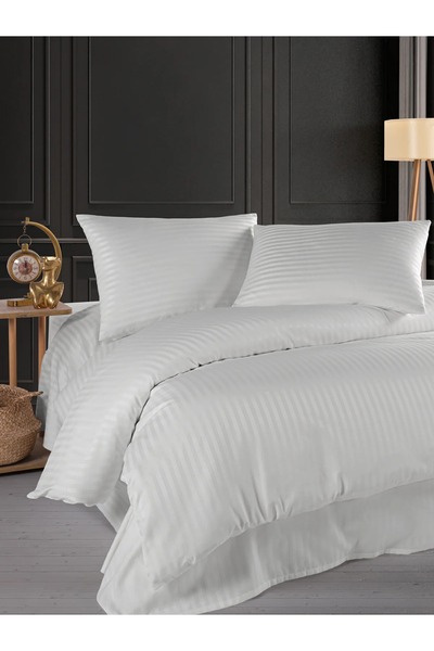 Home Çift Kişilik Çizgili Saten Nevresim Takımı Beyaz