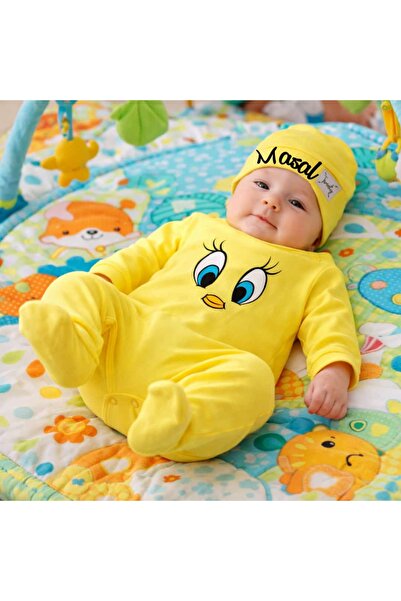 BY TUNA DESİGN Yenidoğan Bebek Tulum Seti Şapkalı-Sarı Tweety Pamuklu İsimli ...