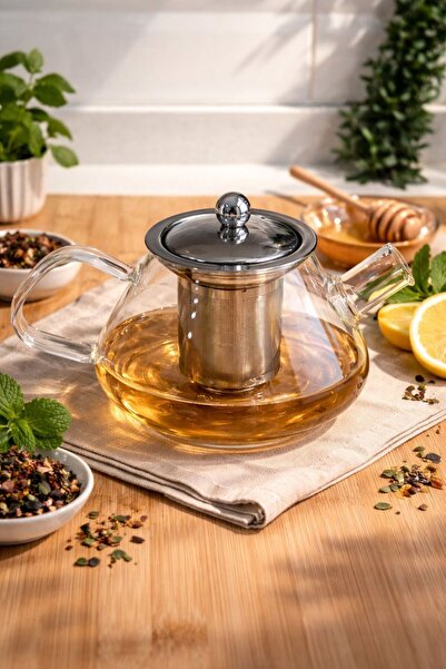 Qerhome Borosilikat Metal Kapaklı Ve Metal Süzgeçli Demlik 1000 ml