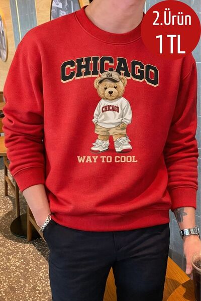 COMBİNE MİCHAİL Erkek Chıcago Baskılı Bol Kırmızı Sweatshirt