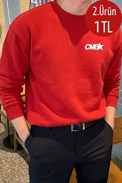 COMBİNE MİCHAİL Erkek CMB Yazı Baskı Bol Kırmızı Sweatshirt