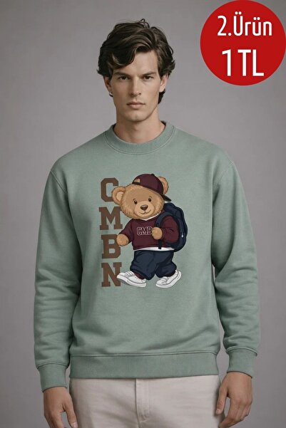 COMBİNE MİCHAİL Erkek CMBN Ayıcık Baskılı Çağla Sweatshirt