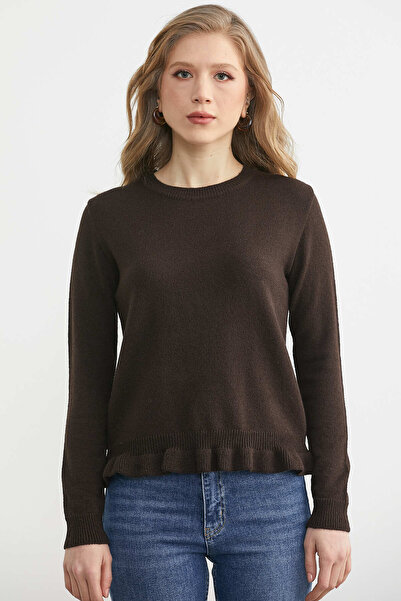 Sementa Pulover din lână cu decolteu în formă de O și detaliu cu volane - Maro