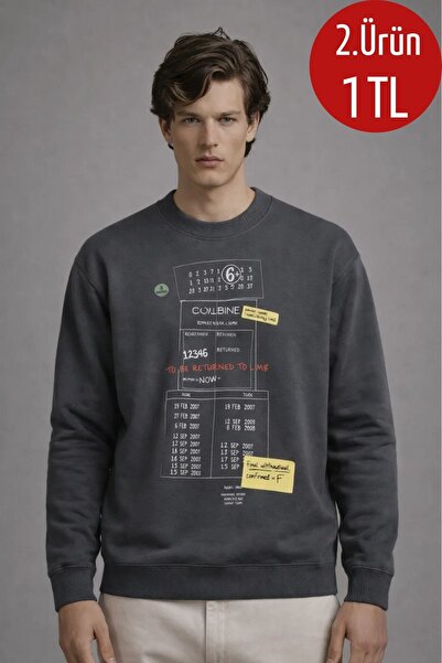 COMBİNE MİCHAİL Erkek Salaş Ön Baskılı Füme Sweatshirt