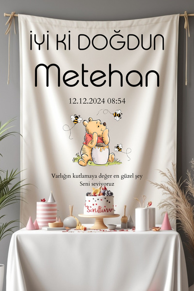 Puppetzzz Winnie the Pooh Temalı Kişiye Özel Doğum Günü Flaması - İsimli Tari...