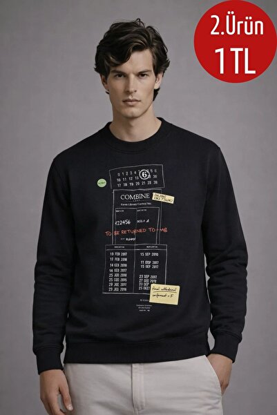 COMBİNE MİCHAİL سويت شيرت رجالي كاجوال فرونت مطبوع أسود