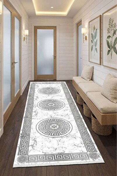 VOPTEKS Gri Halı  Yolluk  Makinede Yıkanabilir Halı Kaymaz Taban Halı