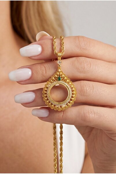 FerizZ Yarım Altın Çerçeveli Kolye Ucu Altın Kaplama İşlemeli TGR-633