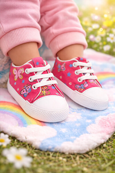 Kiçi First Step Pink Butterfly Patterned Comfortable Sole Shoes
