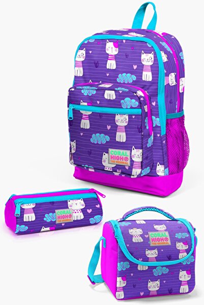 Coral High Kids Mor Pembe Kedi Desenli 3’lü Okul Çanta Seti SET0123464