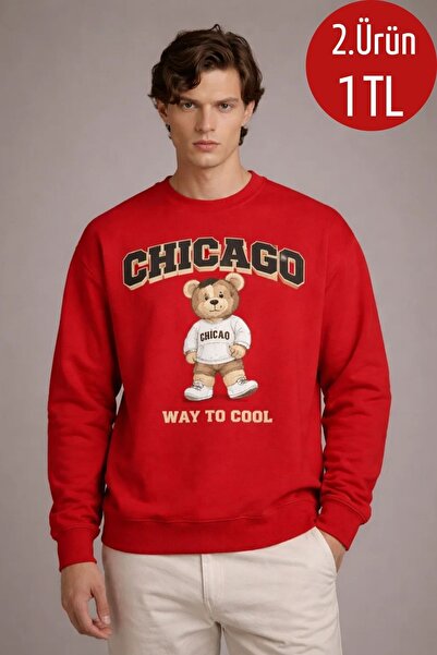 COMBİNE MİCHAİL Erkek CHICAGO Ayı Baskı Kırmızı Sweatshirt