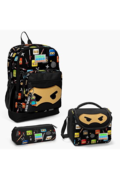 Coral High مجموعة حقائب مدرسية بنقشة النينجا باللون الأسود للأطفال مكونة من 3...