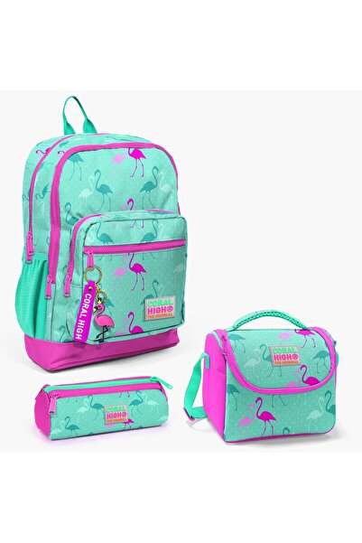 Coral High طقم حقائب مدرسية مكونة من 3 قطع منقوشة باللون الأخضر النيون الوردي...