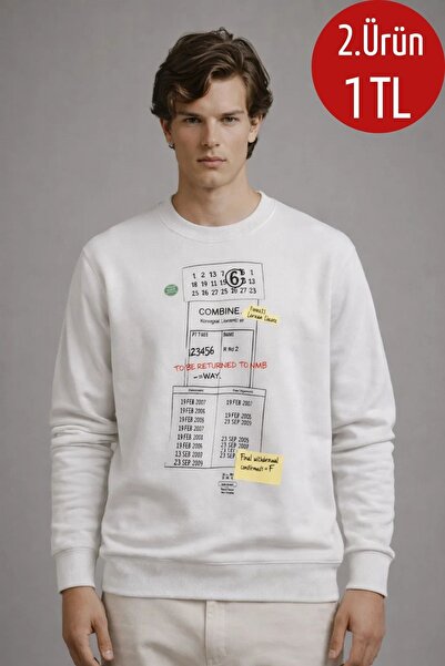 COMBİNE MİCHAİL Erkek Salaş Ön Baskılı Ekru Sweatshirt