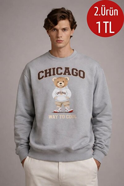 COMBİNE MİCHAİL Erkek CHICAGO Ayıcık Baskılı Gri Sweatshirt
