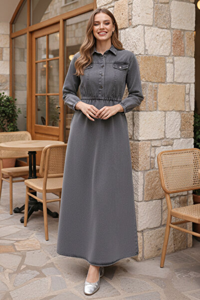 benguen 6952 Дънкова сива рокля с еластична талия