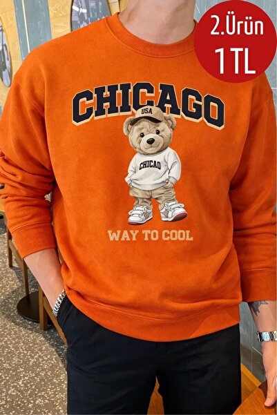 COMBİNE MİCHAİL Erkek Chıcago Baskılı Bol Turuncu Sweatshirt