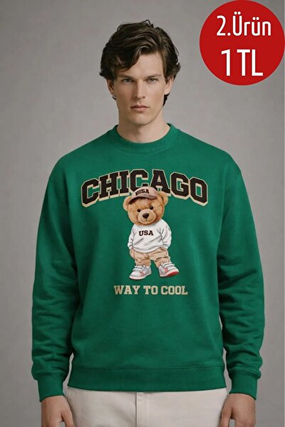COMBİNE MİCHAİL Erkek CHICAGO Ayıcık Baskı Yeşil Sweatshirt