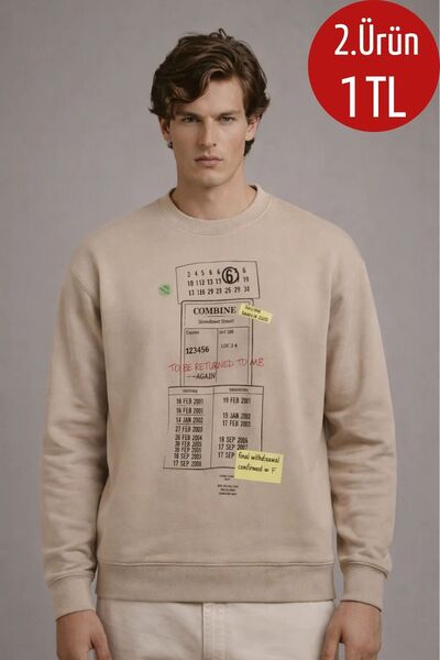 COMBİNE MİCHAİL Erkek Salaş Ön Baskılı Krem Sweatshirt