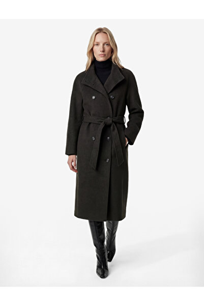 Koton Long Sleeve Pocketed Double-Breasted Mock Neck Belted Long Cashmere Coat