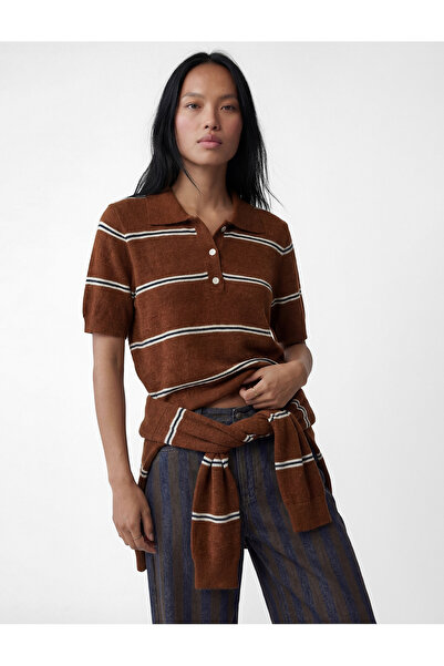 Koton Short Sleeve Polo Neck Striped Chenille Sweater