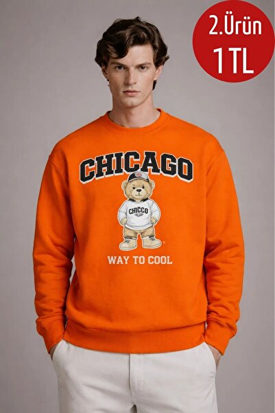 COMBİNE MİCHAİL Erkek CHICAGO Ayı Baskılı Turuncu Sweatshirt