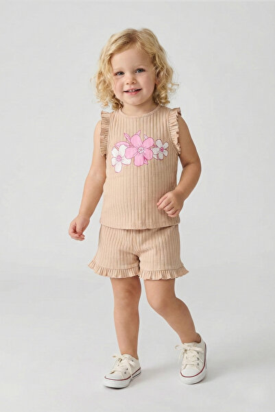 LUESS Kız Çocuk Çiçek Baskılı Pamuklu Alt Üst Takım