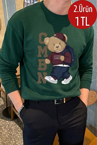 COMBİNE MİCHAİL Erkek Comfort Ayı Baskılı K.Yeşil Sweatshirt