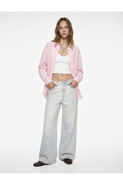 Koton Cep Detaylı Pamuklu Uzun Kollu Klasik Yaka Oversize Gömlek