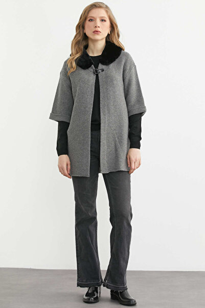 Sementa Светр з штучним хутром на комірі, з вовняної трикотажної тканини - сірий