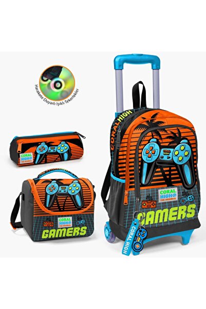 Coral High Kids Gray Orange Gamer Patterned 3-Piece Bag Set with Squeegee SET...